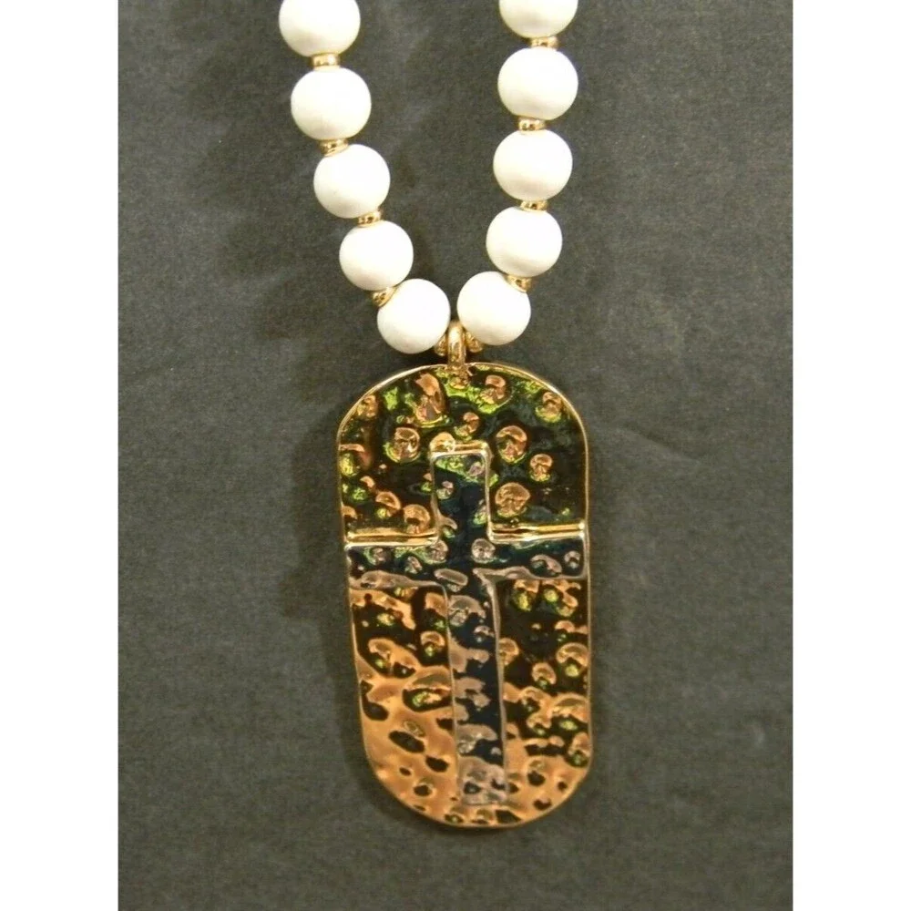 Cross Necklace Contemporary Gold/Silver with White Beads NEW